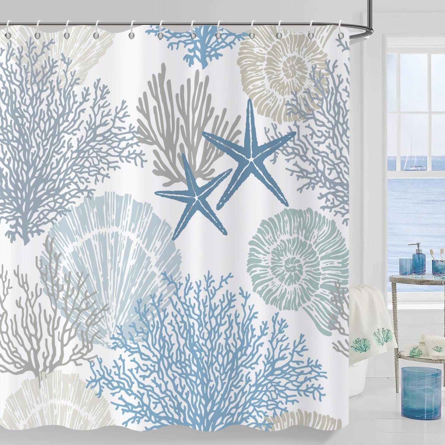 Nautical Coastal Shower Curtain, Blue Ocean Beach Seashell Starfish Themed Bathroom Curtain Waterproof Fabric Machine Washable with Hooks, 72″ Wx72 L