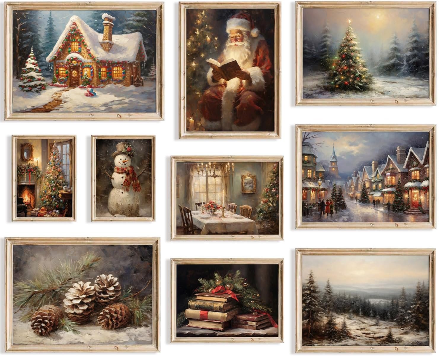 KBKBART Christmas Wall Art Prints Set of 10, Winter Christmas Picture Wall Decor Santa Xmas Tree Forest Canvas Artwork, Snow Scene Street Christmas Aesthetic Posters for Bedroom, Vintage Christmas Holiday Decor – Unframed