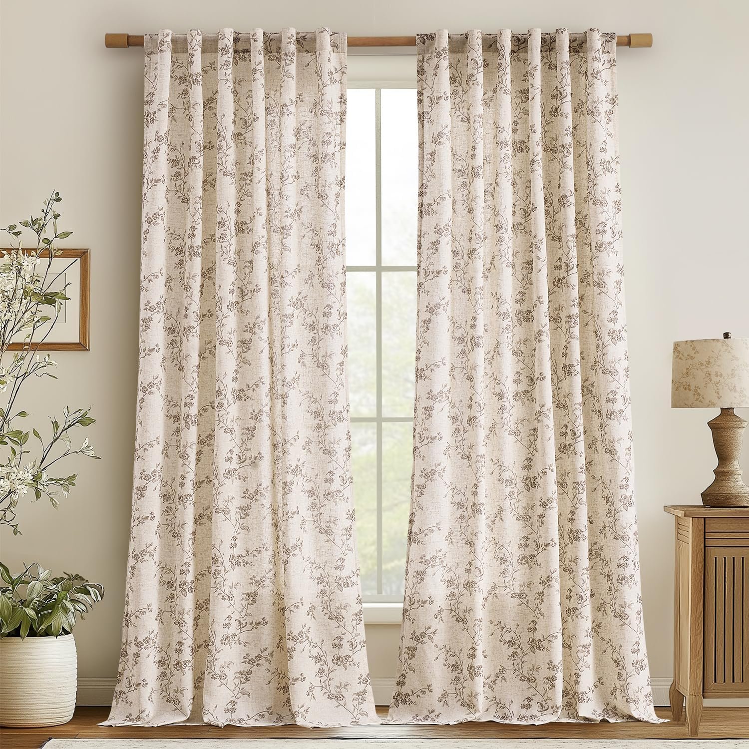 jinchan Linen Floral Curtains for Living Room 96 Inch Length Taupe Printed Curtains Back Tab French Country Farmhouse Flower Patterned Drapes Bedroom Window Curtain Set 2 Panels