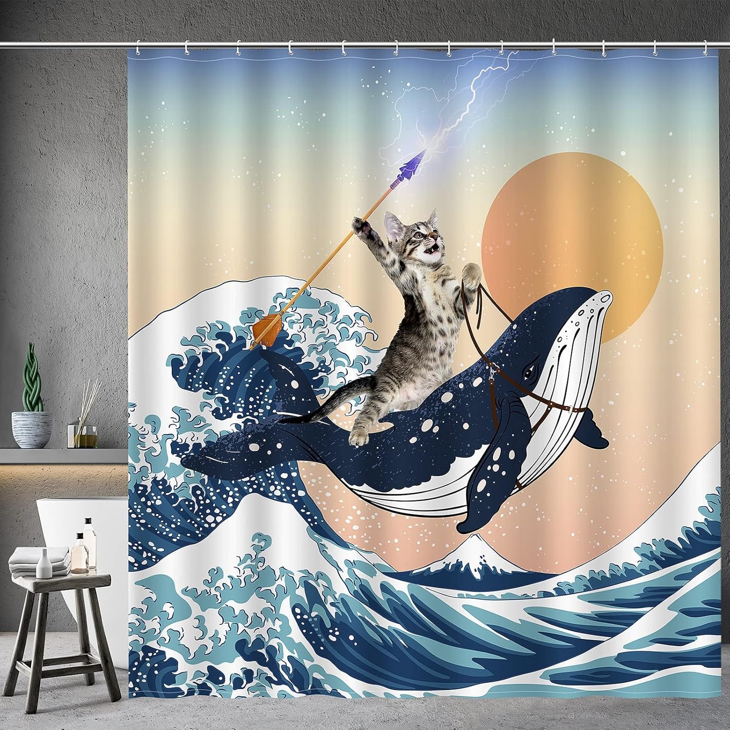 Aimego Funny Shower Curtain Brave Cat Holding Trident Arrow Riding Shark in Ocean Wave, Whale Cat Shower Curtain Set with 12 Hooks for Bathroom Decor Accessories Bathtub Curtain, 72″x72″