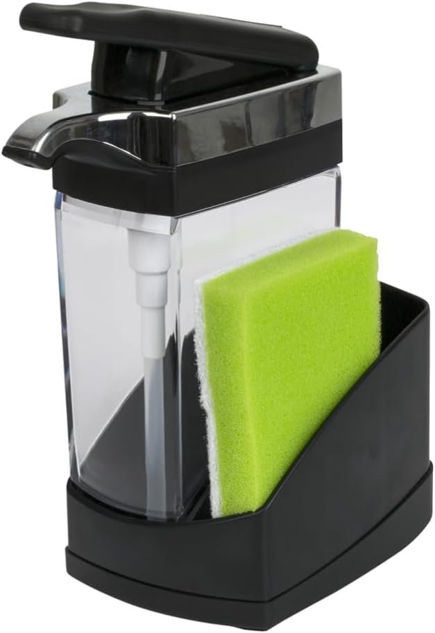 Casabella Sink Sider Solo Kitchen Soap Pump and Sponge Caddy, Black/Chrome – 2-in-1 Soap and Sponge Caddy, One-Hand Soap Dispensing, Ergonomic Design, Easy to Refill and Clean, Efficient Size