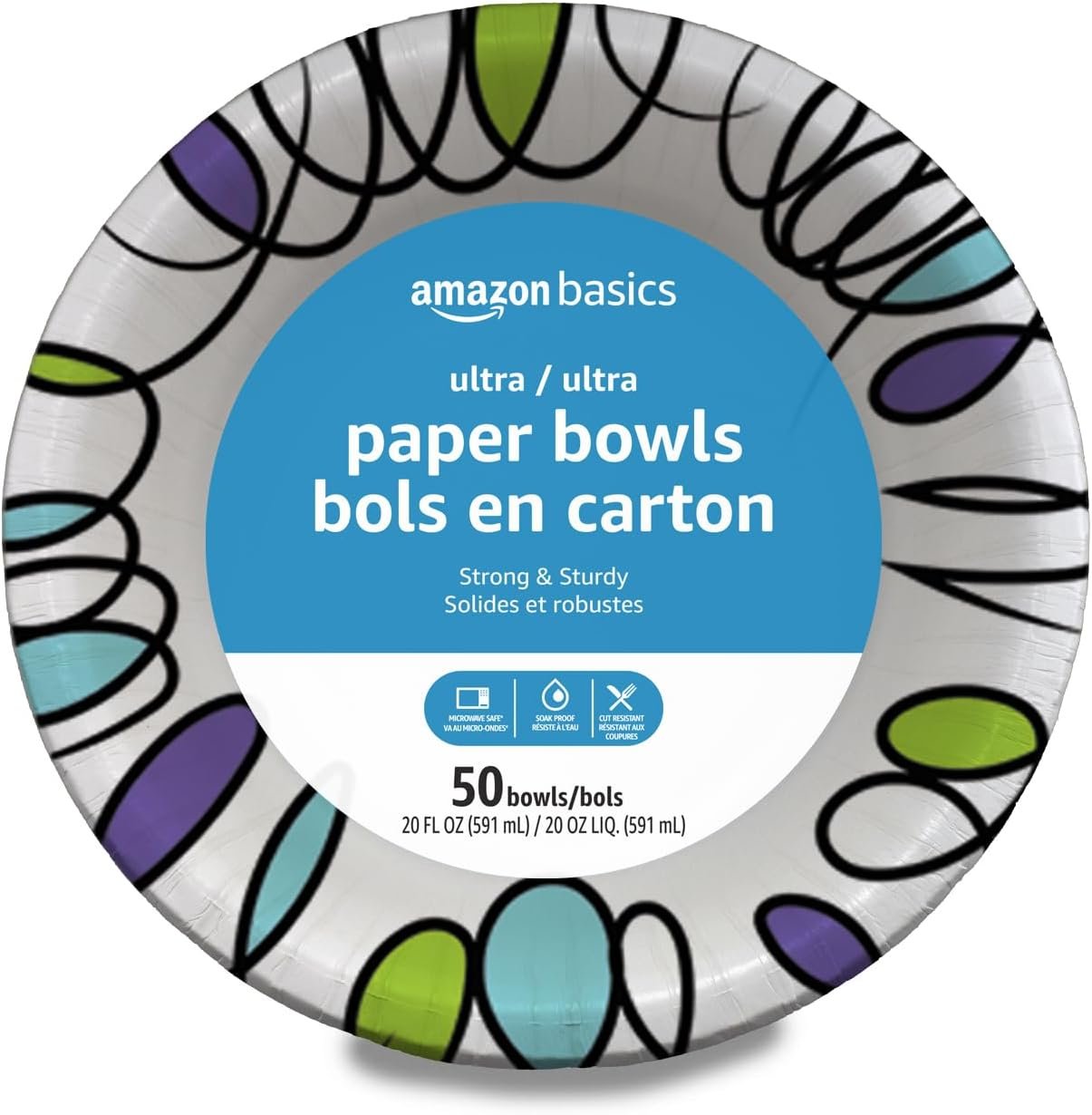 Amazon Basics Ultra Disposable Paper Bowls, 20 Oz, Microwave Safe, Soak Proof, Strong & Sturdy, White, 50 Count