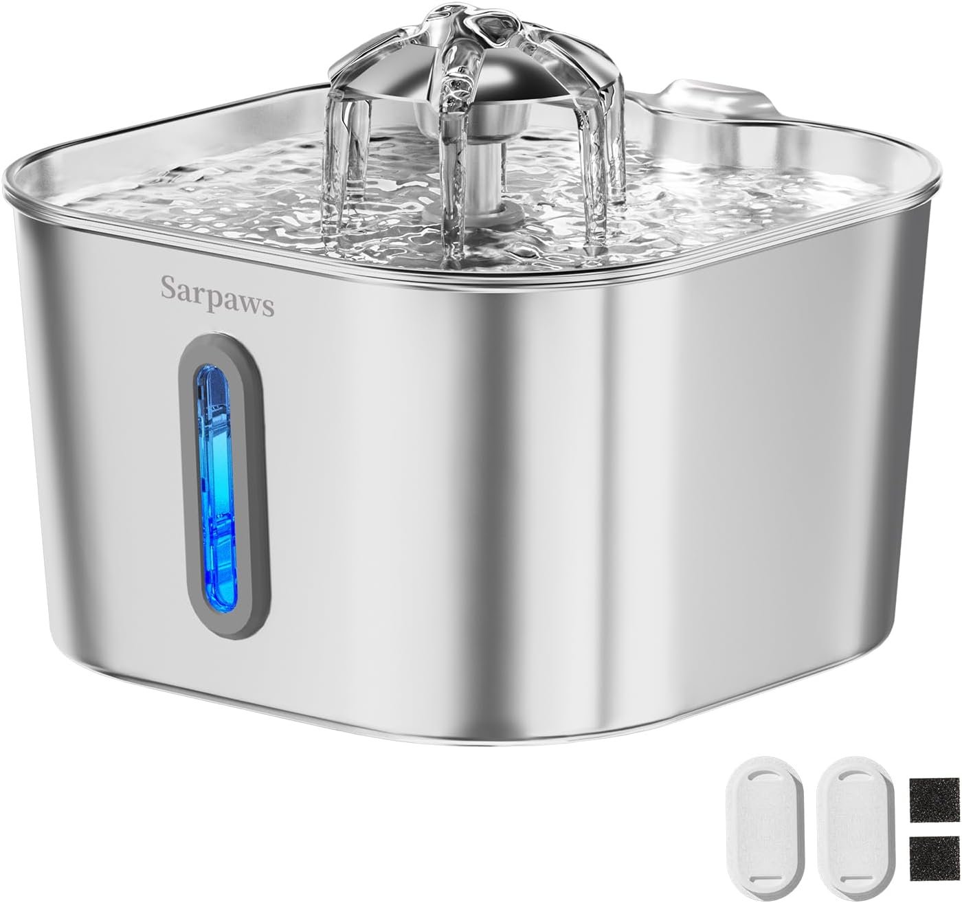 SARPAWS Cat Water Fountain Stainless Steel：74oz/2.2L Water Fountains for Cats Indoor, Cat Fountains for Drinking, Ultra-Quiet, Water Level Window, Pet Water Fountain – 2 Filters + 2 Sponges