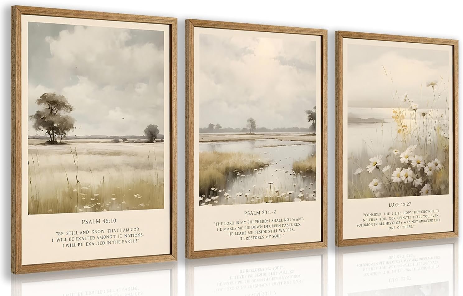 Cyebmo Christian Bible Verse Wall Art, Religious Wall Decor, Neutral Farmhouse Landscape Art Prints, Jesus Scripture Floral Canvas Painting for Church Prayer Room Hospitals Wood Framed 16″x24″x3