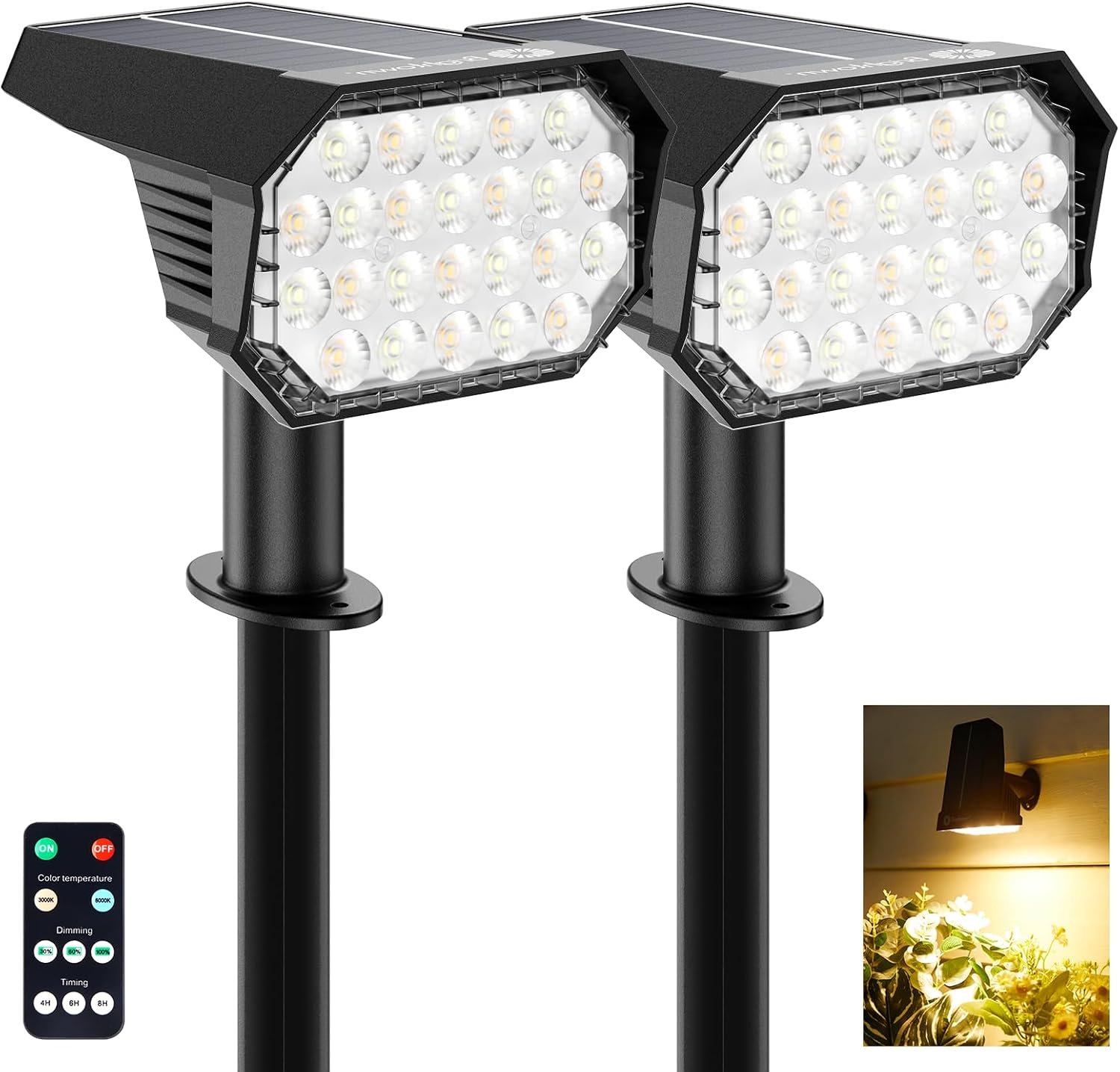 Brightown Solar Lights Outdoor Waterproof IP67, [Cool & Warm Light 2-in-1] Solar Spot Lights Outdoor, 2 Colors 3 Brightness Levels LED Outdoor Solar Lights for Yard Pathway Garden House, 2 Pack