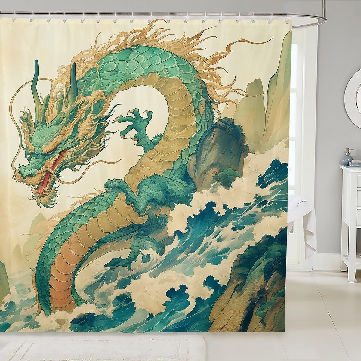 Erosebridal Dragon Bathroom Shower Curtain Sets Japanese Style Shower Curtain for Kids Boys Girls Ocean Wave Fabric Shower Curtain Asian Theme Waterproof Bathroom Curtains 72″ Wx72 L