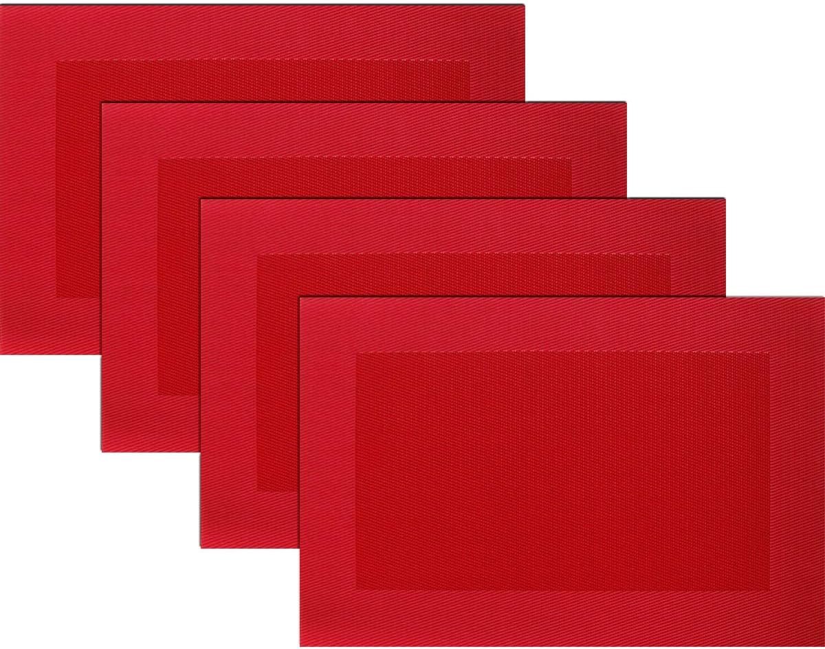 Vinyl Placemats Heat-Resistant Table Mats Washable Easy Clean Plastic Placemats for Dining Table Set of 4 (Red)
