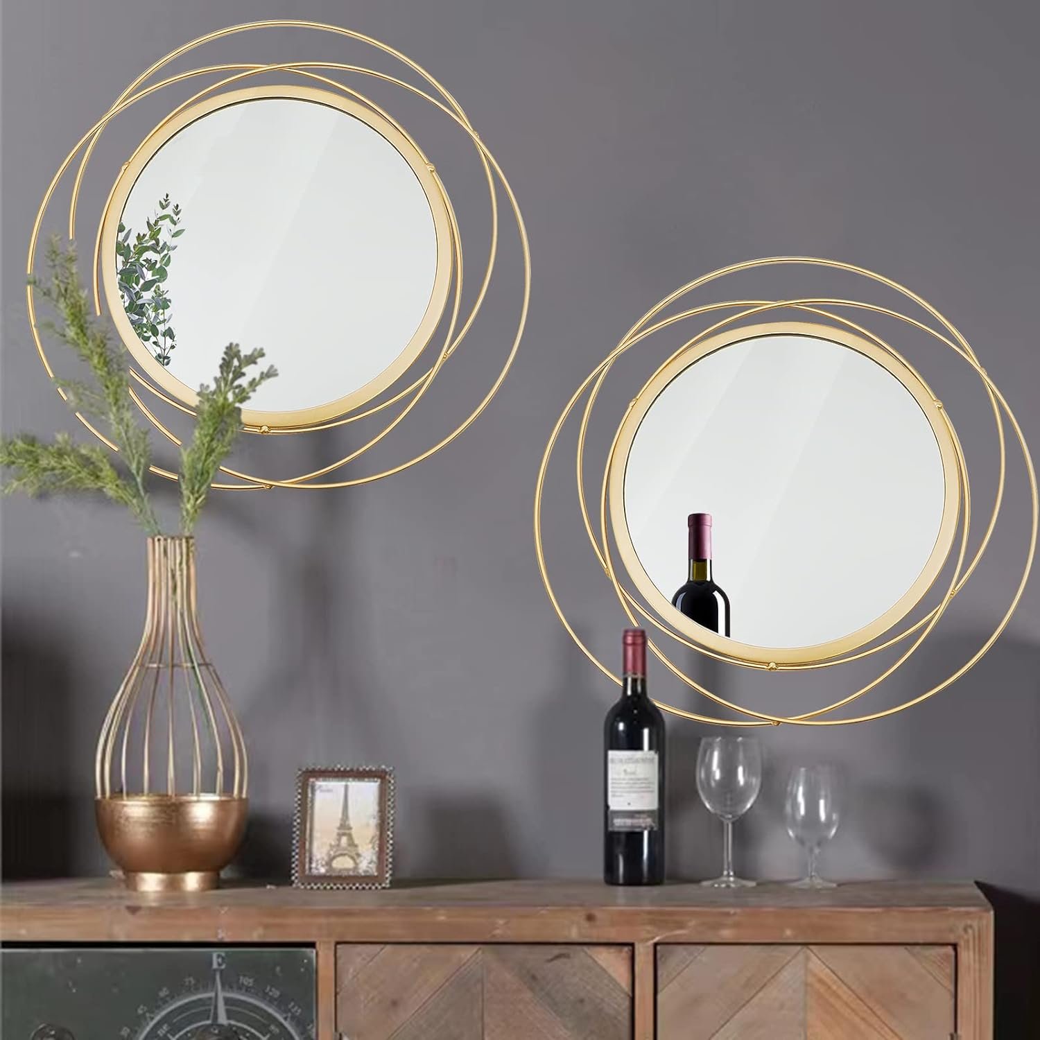 2 Set Circle Mirrors for Wall Decor for Living Room Bedroom Bathroom Entryway Metal Round Mirror Decorative Hanging Mirrors Sun Bohemian Geometric Accent Sculpture -Gold 15.7 in