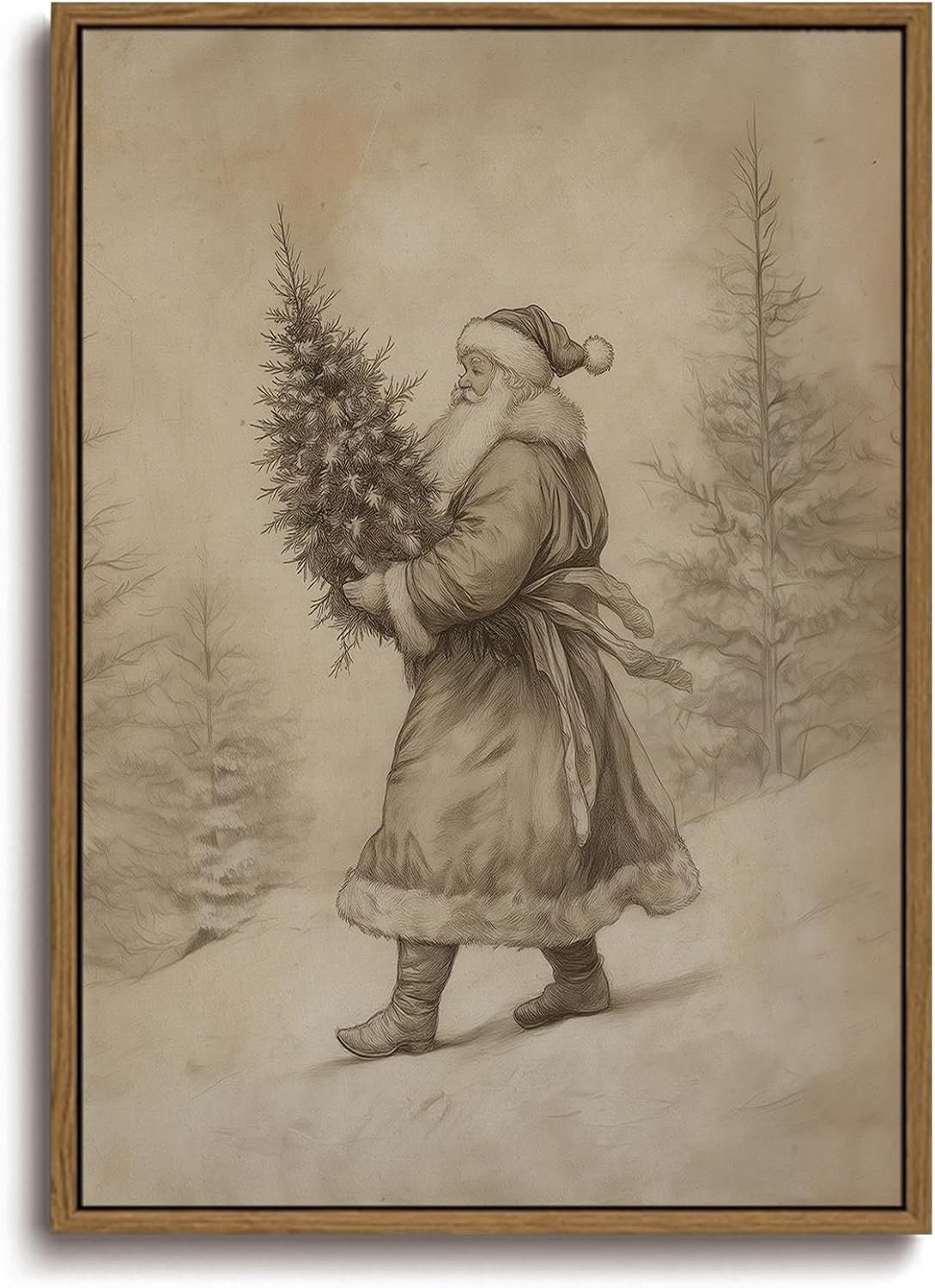KISSFOX Vintage Christmas Santa Framed Wall Art Santa Holding Christmas Tree Canvas Art Rustic Winter Forest Paintings Art Prints Modern Farmhouse Pictures Wall Decor For Kitchen Bedroom Living Room