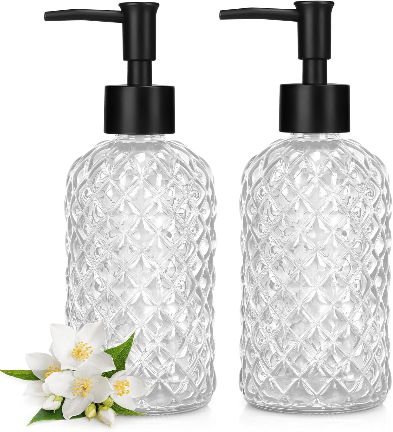 2 Pack Gem Glass Soap Dispenser with Black Plastic Pump, 13oz Liquid Hand Soap Dispenser, Rustproof Pump for Kitchen & Bathroom, Great for Lotions, Essential Oil, Liquid Soaps-Clear