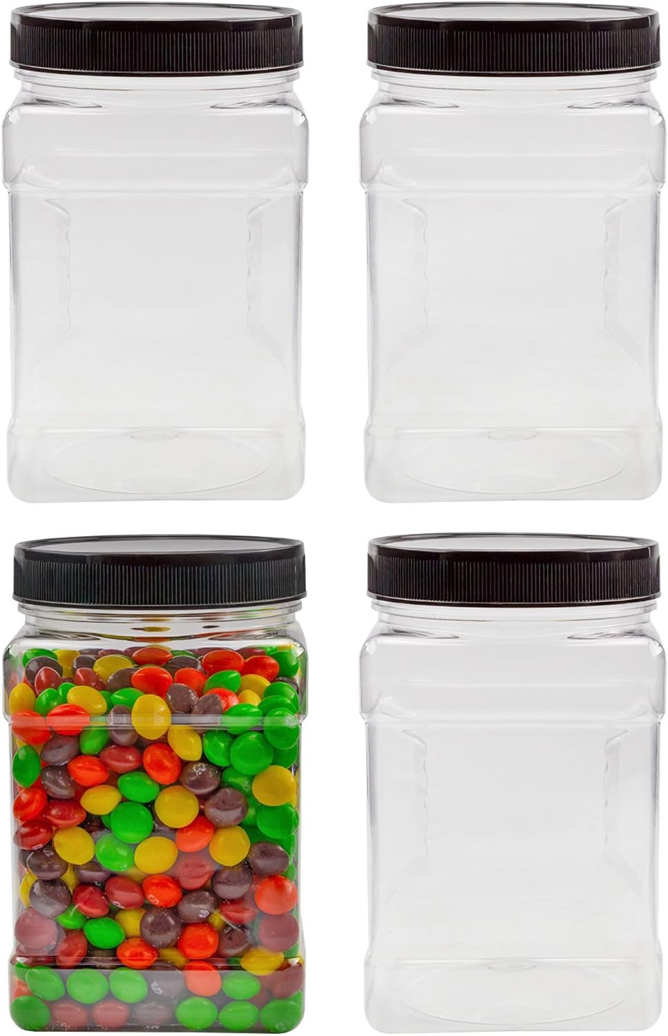 Cornucopia Brands 32oz Square Plastic Jars (4-Pack, Quart); Clear Rectangular 4-Cup Canisters w/Black Lids, Easy-Grip Side