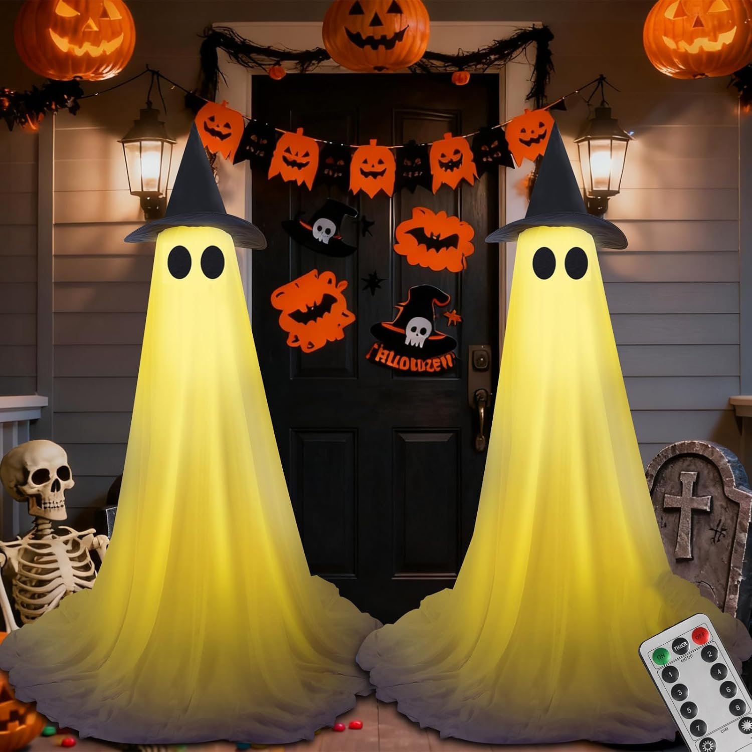 VITI Halloween Decorations Outdoor Ghost Kit – 2 Pack DIY Halloween Decor Spooky Ghost Decor with 50 LED Lights Battery Operated,Hat,for Outdoor Indoor Porches Yards Gardens Lawn (Warm White)