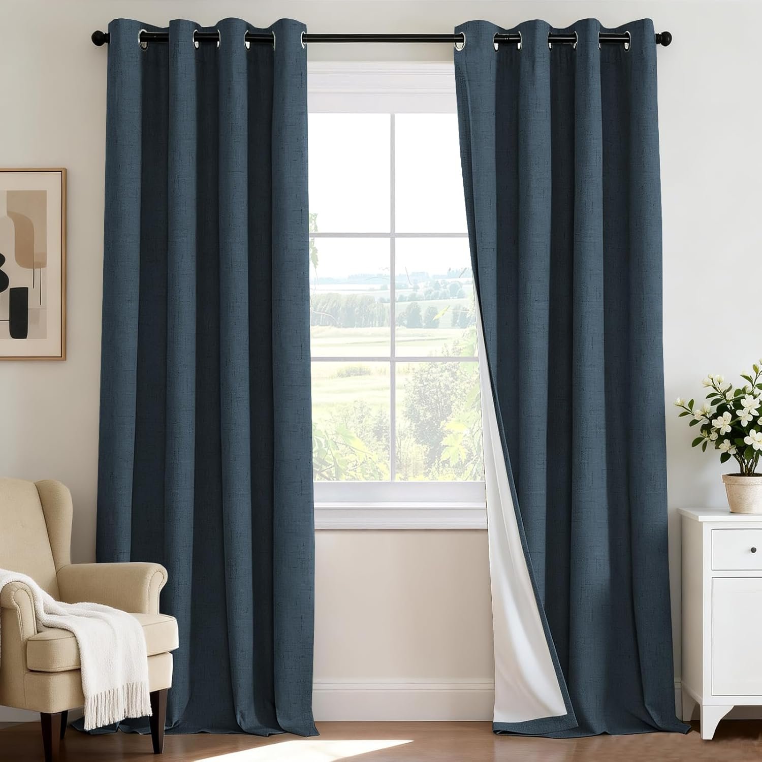 H.VERSAILTEX 100% Blackout Curtains for Bedroom 84 Inches Long Grommet Linen Face Full Light Blocking Curtain Drapes for Living Room Thermal Linen Look Curtains 2 Panels Set, 52″ W x 84″ L, Navy