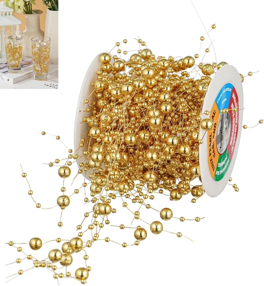 13Feet Pearl String Spool Roll for Floating Candles Faux Pearls Strands Garland for Vase Filler Wedding Centerpiece Christmas Table Decor (Gold)