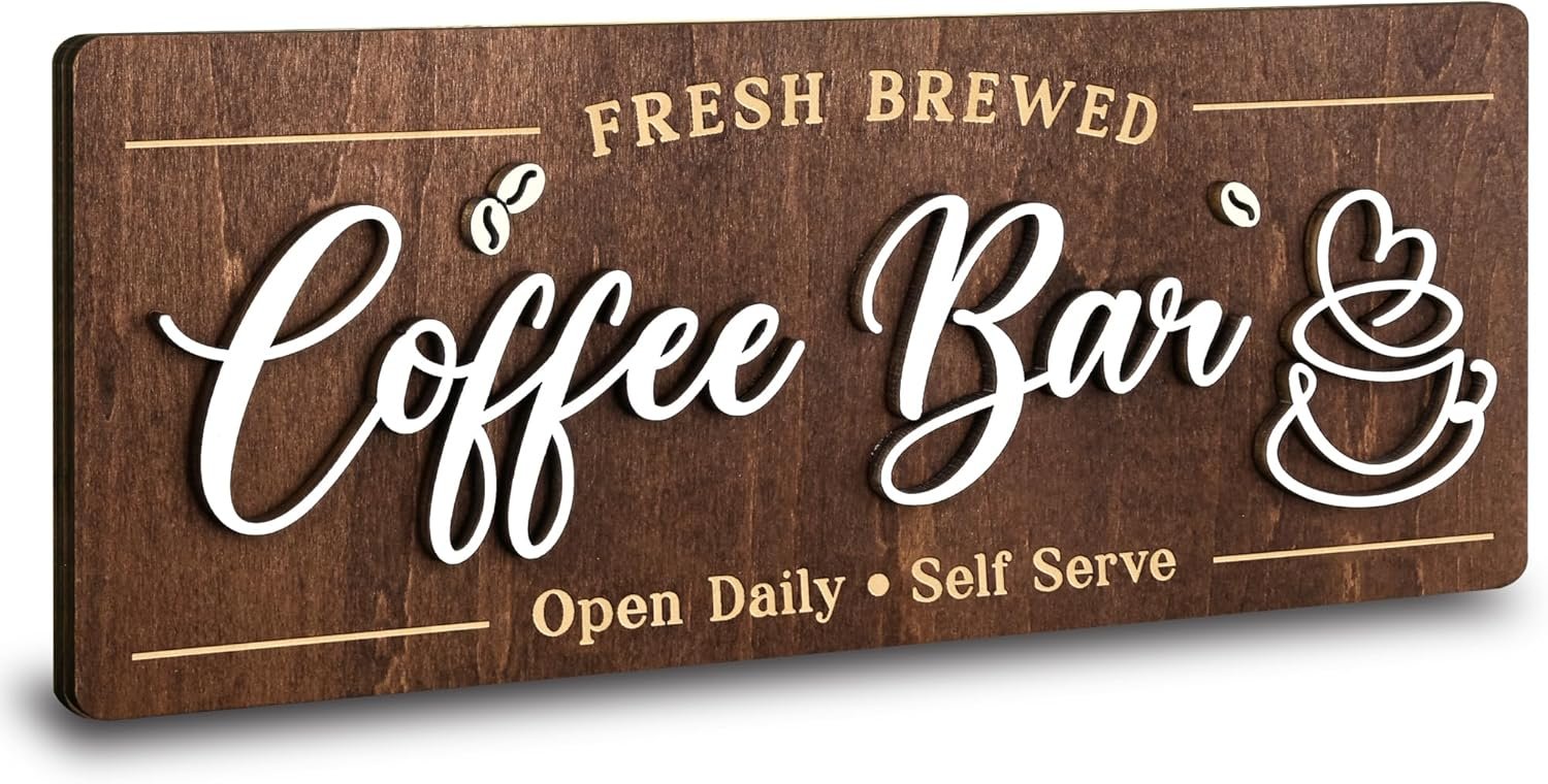 Woodamore Coffee Bar Signs for Wall Decor – Vintage Coffee Accessories for Cafe Station Signs Decorations, Small Farmhouse Cafe Sign for Home Decor Kitchen, Countertop