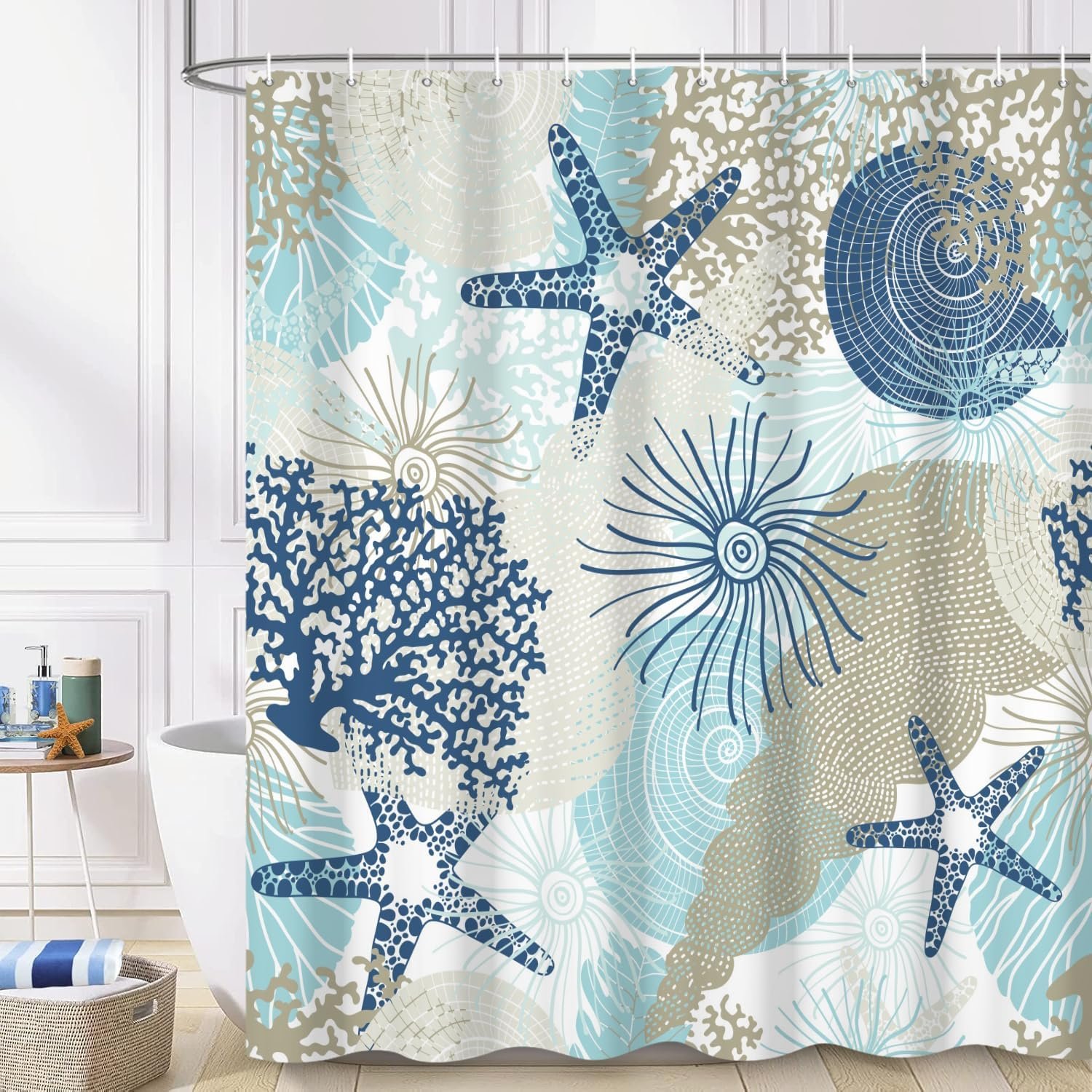 Nautical Coastal Shower Curtain, Ocean Beach Themed Bathroom Curtain Sea Starfish Coral Conch Bathroom Decor Waterproof Fabric Washable Bathtub Curtains Sets with Hooks 72″ Wx72 L