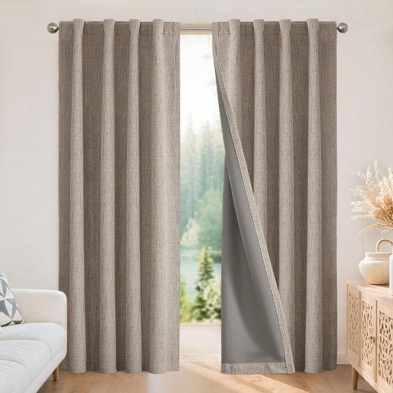 Joydeco 100% Blackout Curtains for Bedroom，Natural Linen Curtains, Thermal Insulated Linen Light Blocking Drapes, Rod Pocket & Back Tabs, Darkening Privacy for Living Room, 52″ W x 96″ L (Pack of 2)