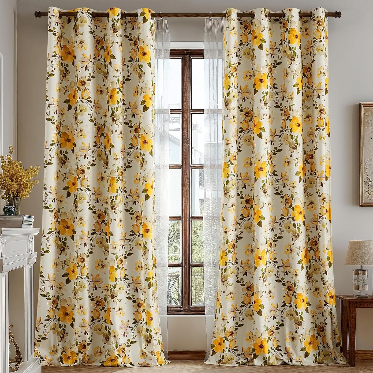 Fall Floral Curtains 96 Inch for Living Room Fall Curtain Drapes with Whimsical Botanical Flower Pattern Aesthetic Modern Farmhouse Room Darkening Privacy Bedroom Window Curtains,Yellow,2 Panels
