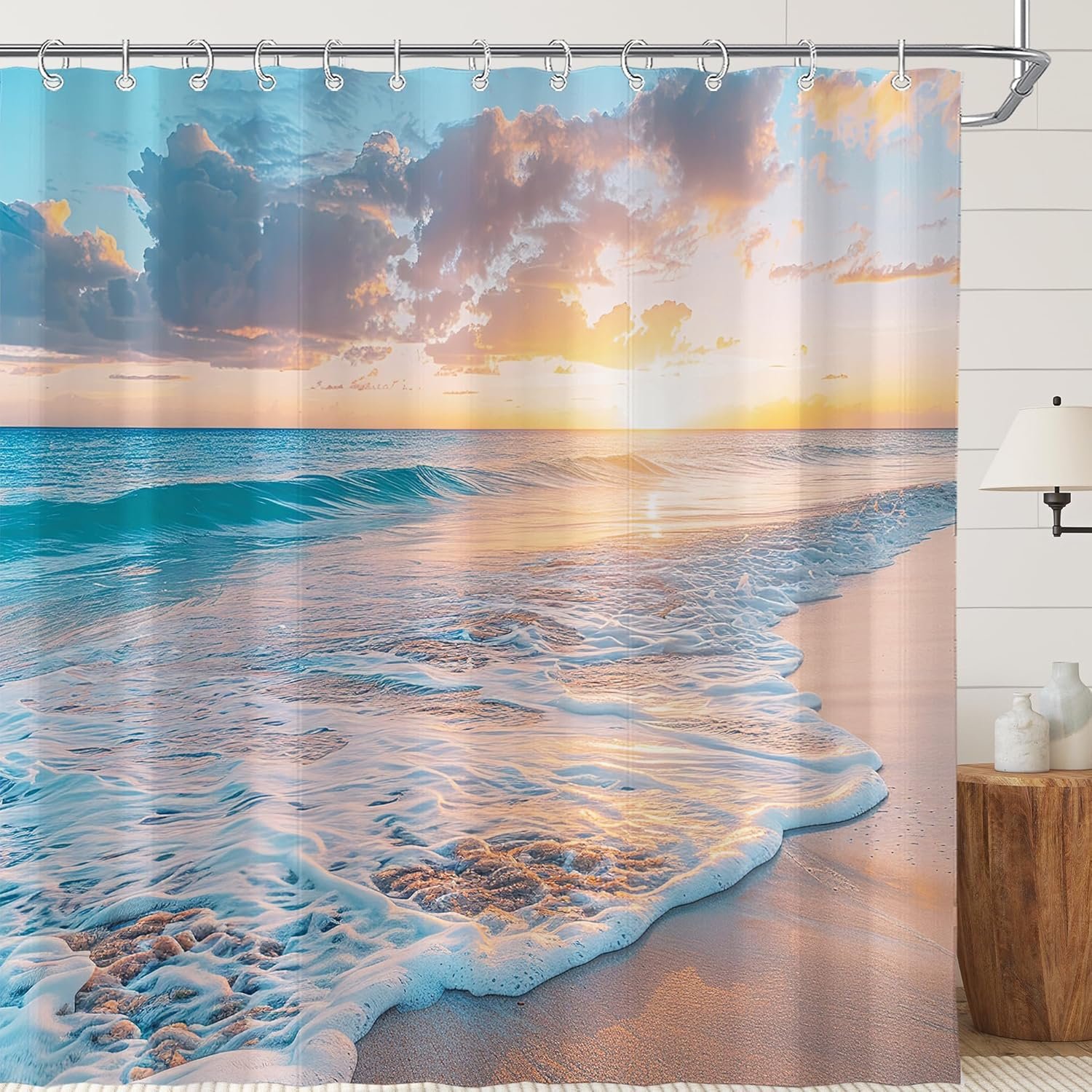 Ocean Beach Coastal Nautical Summer Sunset Shower Curtain for Bathroom 72W*72H Inch Seaside Seacoast Beachy Waves Bathtub Decor Seascape Neutral Cool Waterproof Polyester Fabric Set with 12 Hooks