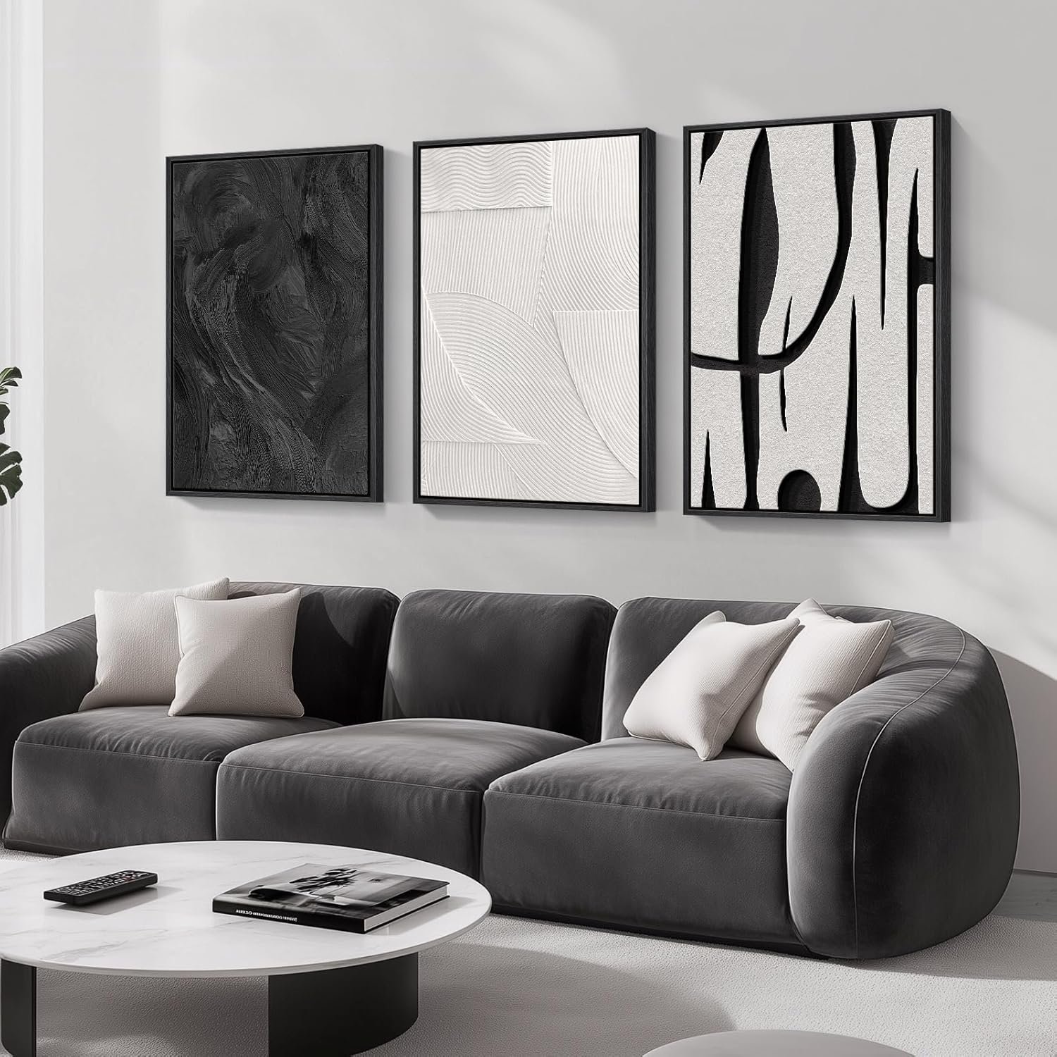 Large Framed Black and White Abstract Wall Art for Living Room, 3 Piece Canvas Prints Paintings Artwork for Walls, Modern Minimalist Pictures for Hallway Stair Office Wall Decor -Total Size 30×60 Inch