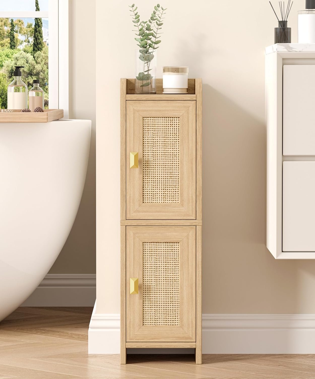 Akxomel Rattan Small Bathroom Cabinet with 2 Doors, 7.9”D x 7.9”W Narrow Toilet Paper Storage Cabinet, Bathroom Organizer for Small Spaces, Wooden Slim Corner Unit with Adjustable Shelf, Natural Oak