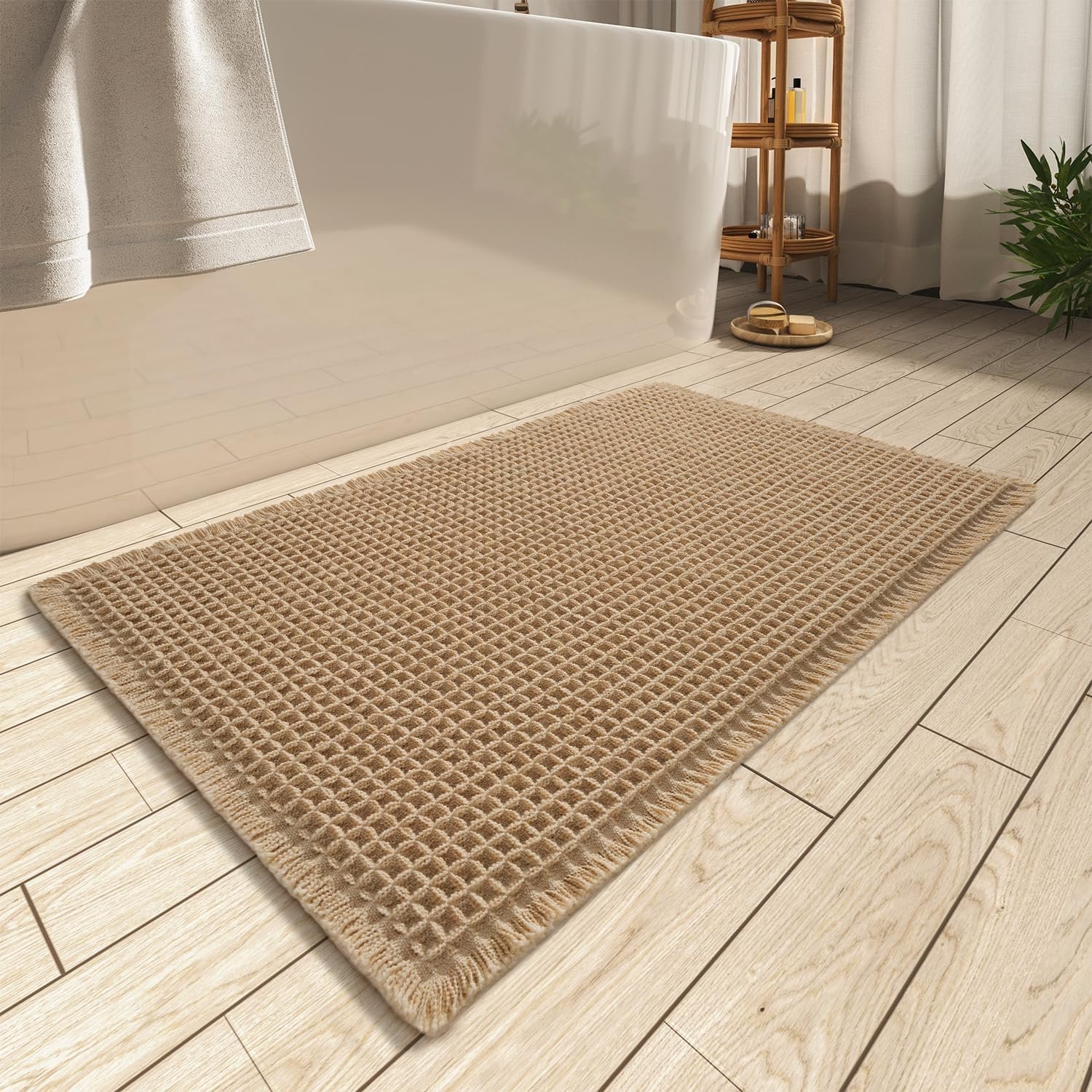 AMOAMI Upgraded Waffle Bath Mat, Super Absorbent Non Slip Bath Mats for Bathroom Floor, Machine Washable Bathroom Rugs with Tassels, Rubber Backed Bathroom Mats, Ultra Soft, 17″ x 24″, Brown