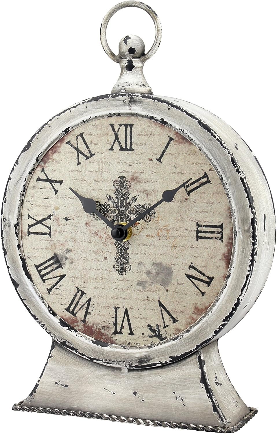 Stonebriar Large 12 Inch Decorative Battery Operated Table Top Clock with Roman Numerals and Antique Finish, 12″, Worn White