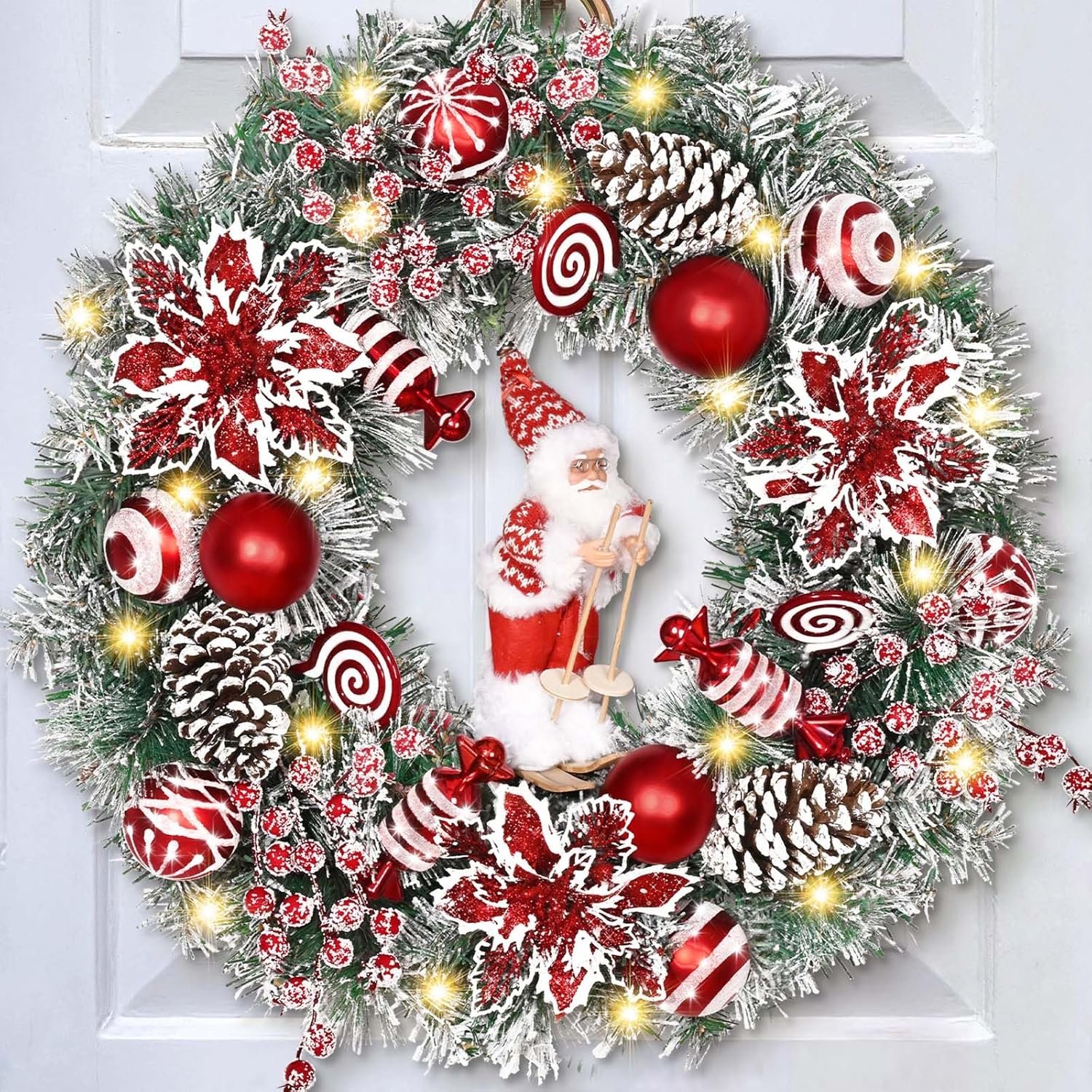 Christmas Wreaths for Front Door, 18″ Christmas Wreath with Skiing Santa Claus, Red Poinsettias Christmas Wreath, Christmas Door Wreath for Indoor Outdoor Decoration
