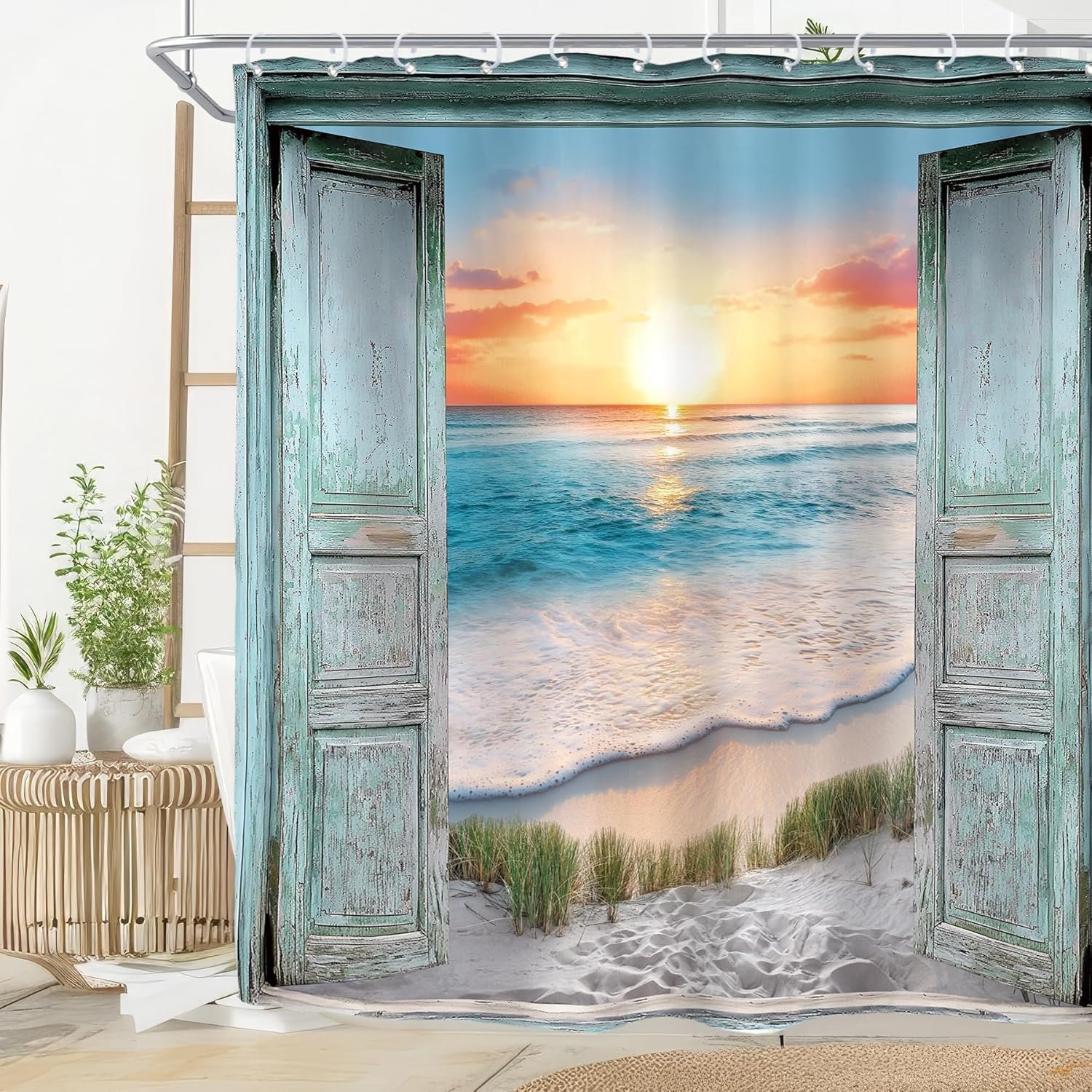 Riyidecor Ocean Beach Teal Barn Door Shower Curtain for Bathroom Decor 72Wx72H Hawaiian Sunset Scenery Sea Wave Retro Wood Rustic Nature Art Printed Fabric Polyester Waterproof 12 Pack Plastic Hooks