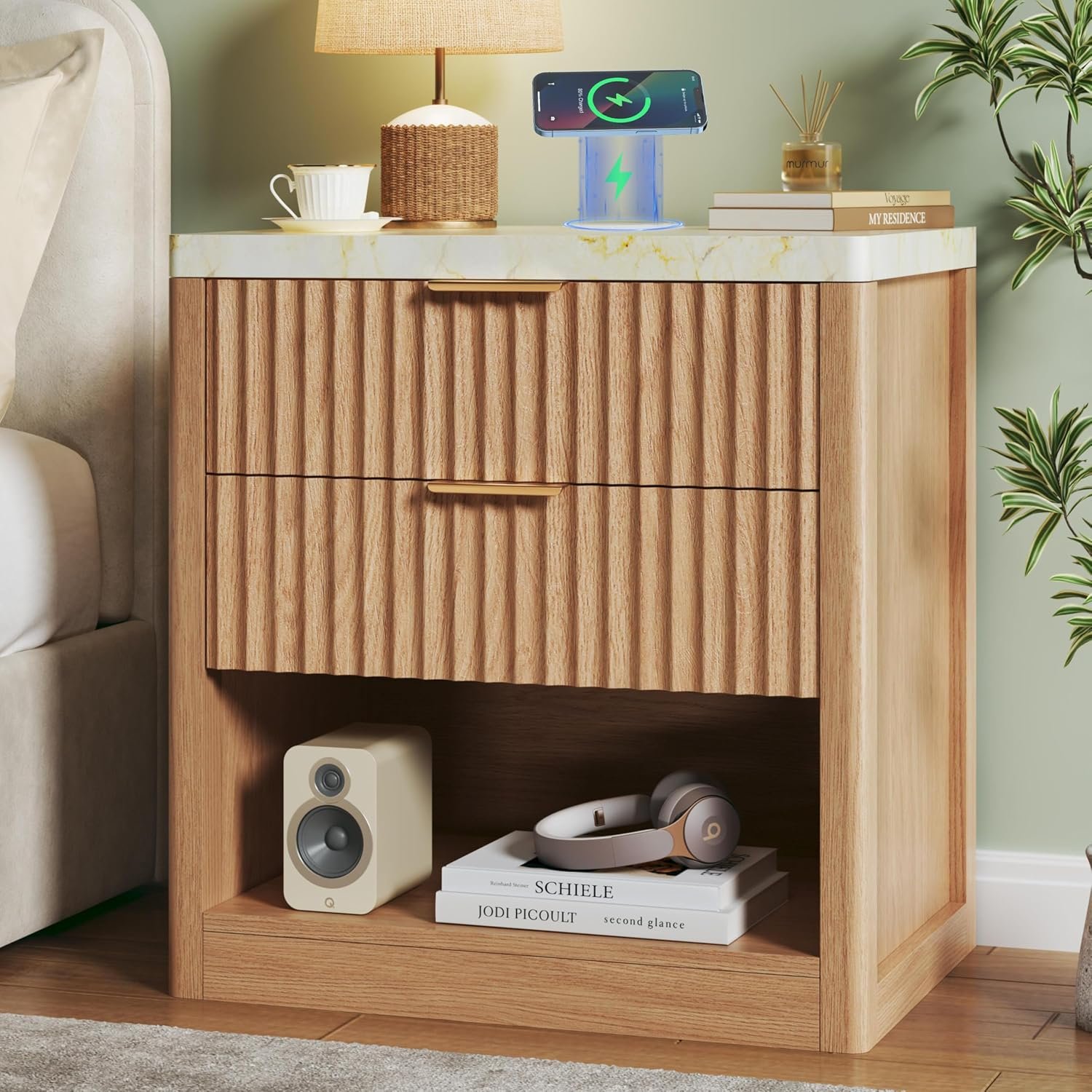 Fluted Nightstand with 2 Drawers, 24” Night Stand with Wireless Charging Station, Mid Century Modern Side Table with Faux Marble Top, Large Wooden Bedside End Table for Bedroom, Oak